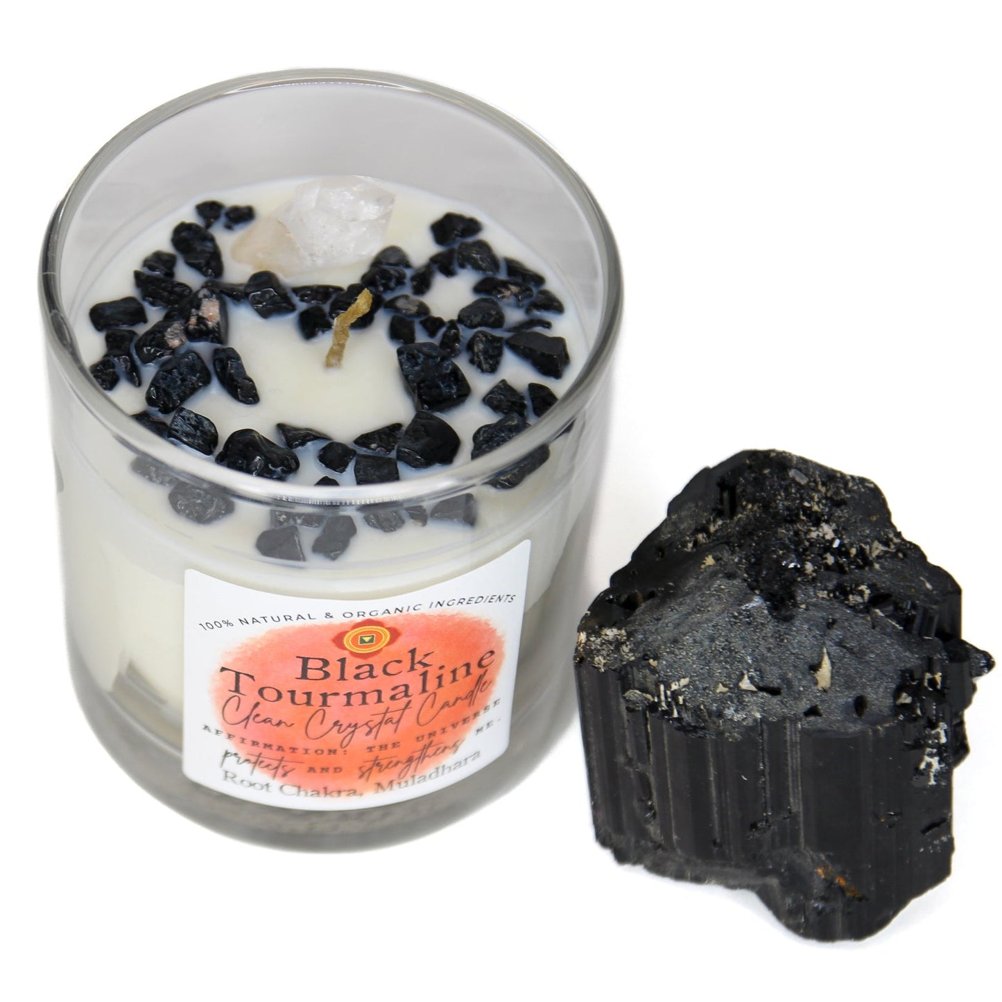 The Black Tourmaline chakra candle with its label and crystal detail