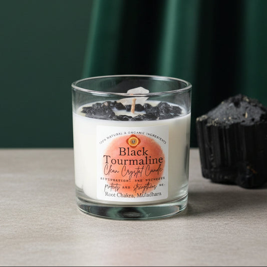 The Black Tourmaline chakra candle with its label and crystal detail