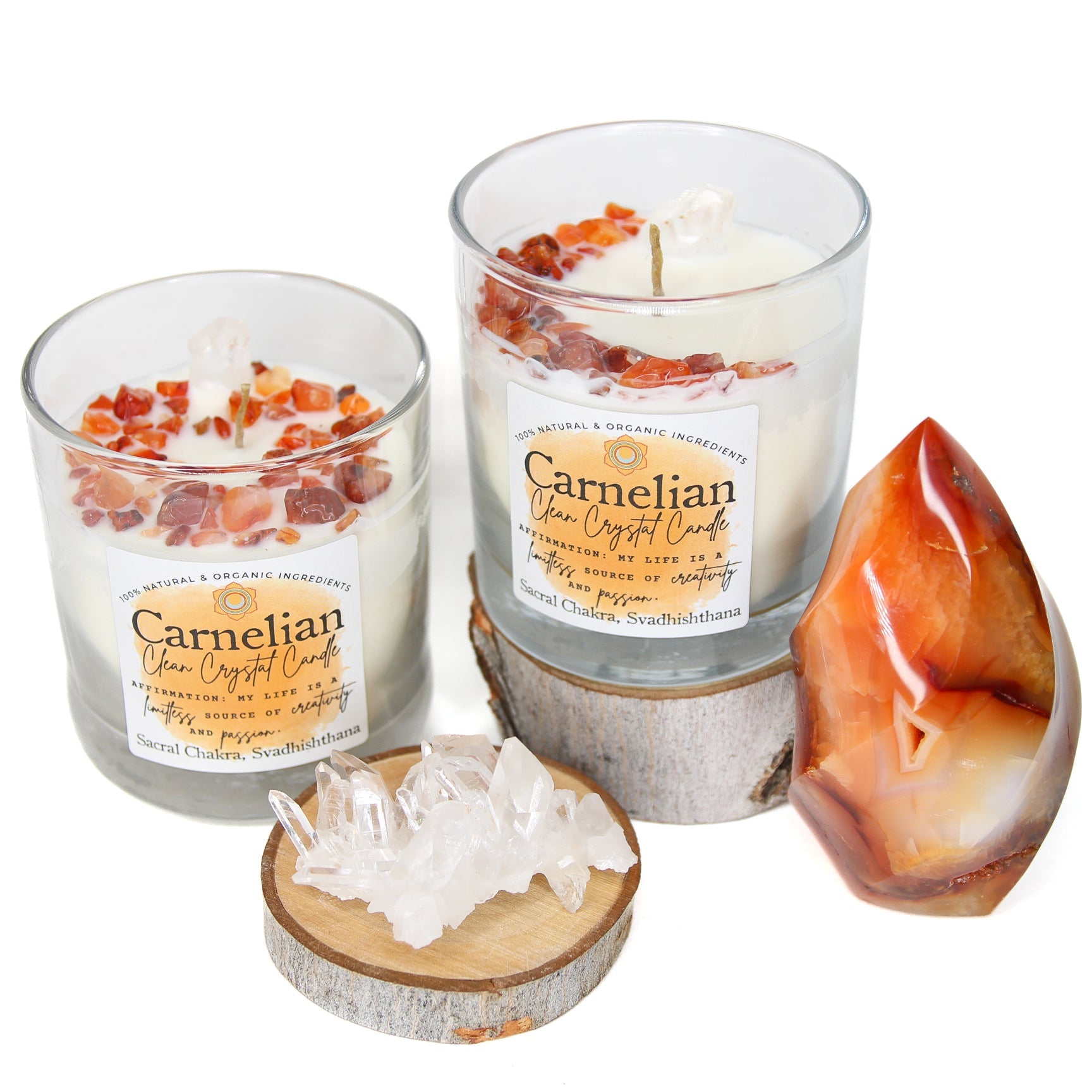 Close-up of the Carnelian crystals and clear quartz point on the candle