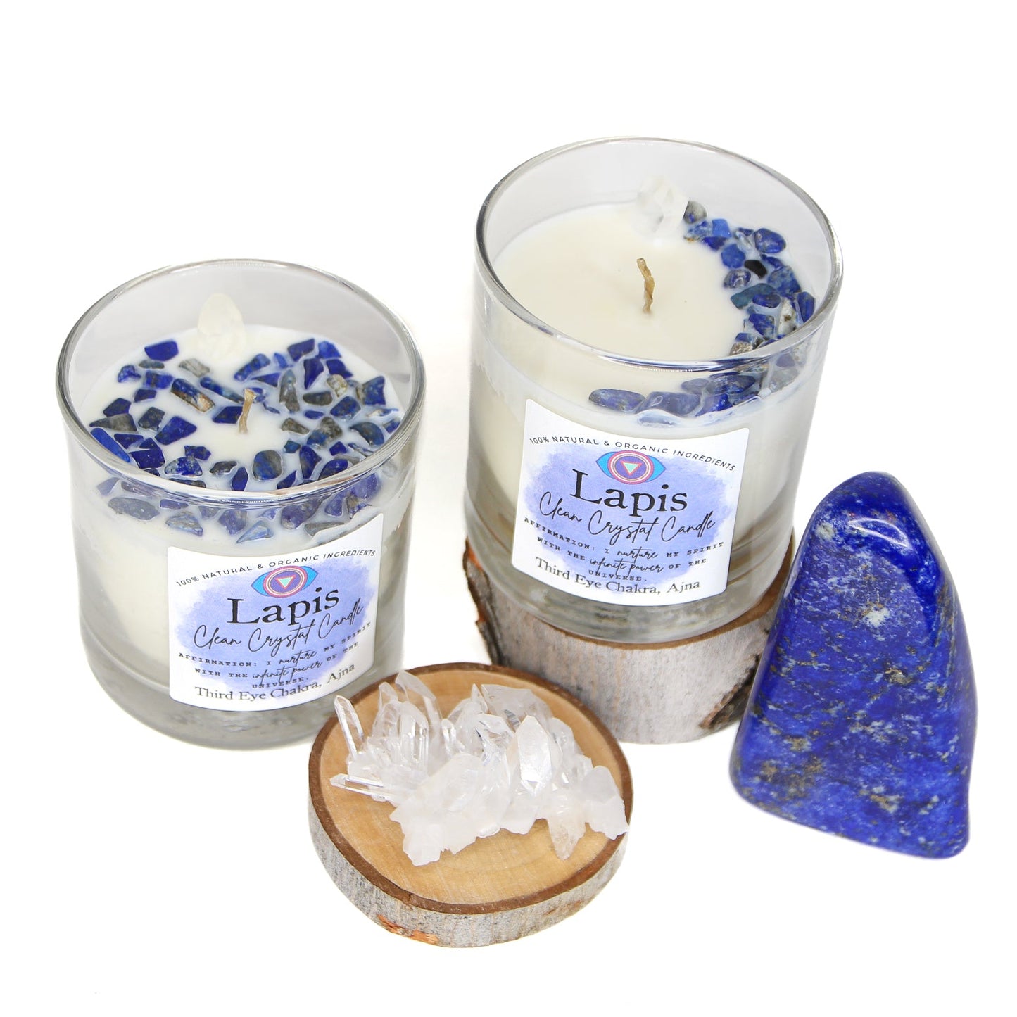 Close-up of the Lapis Lazuli crystals and clear quartz point on the candle