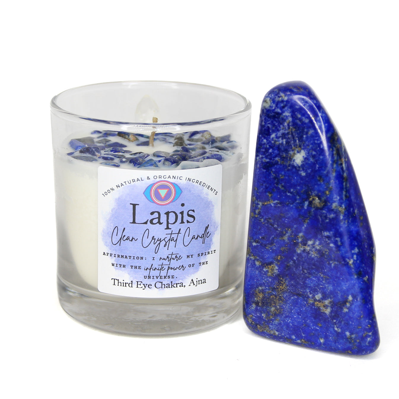 Crescent Moon and Full Moon crystal options for the Lapis Lazuli candle