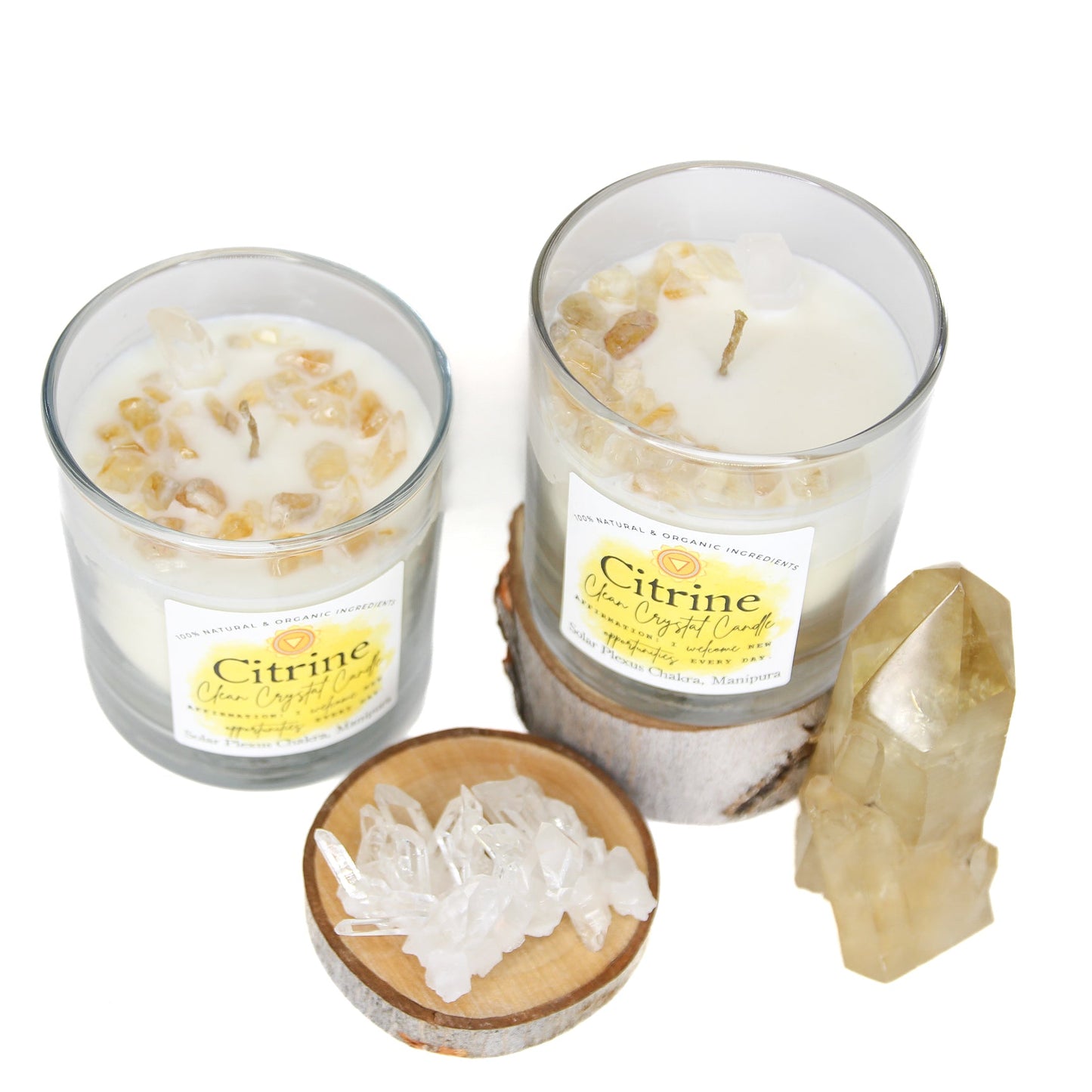 Citrine Clean Crystal Candle in a clear lead-free glass tumbler, topped with golden citrine chips and a clear quartz point — product photo 2