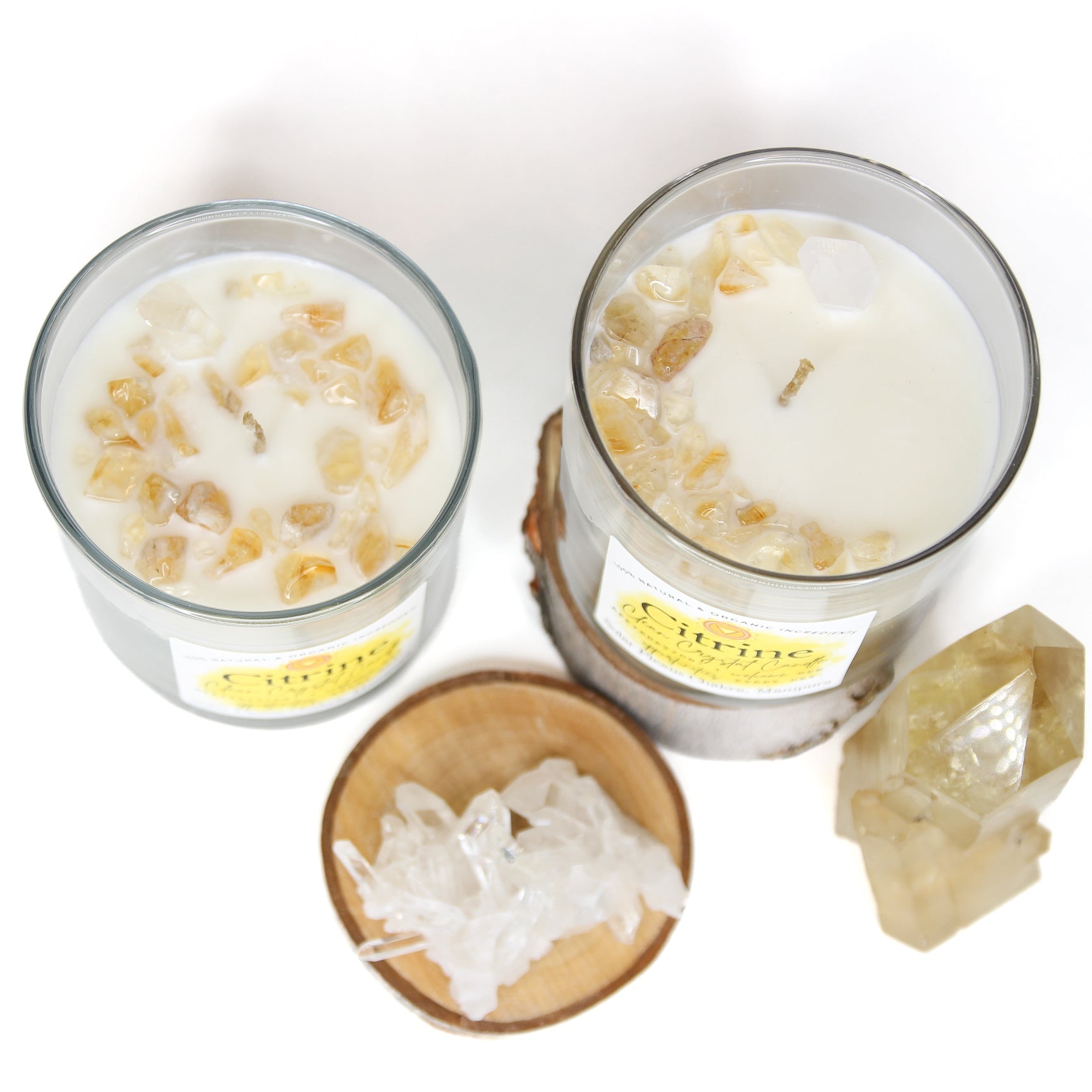 Citrine Clean Crystal Candle in a clear lead-free glass tumbler, topped with golden citrine chips and a clear quartz point — product photo 3