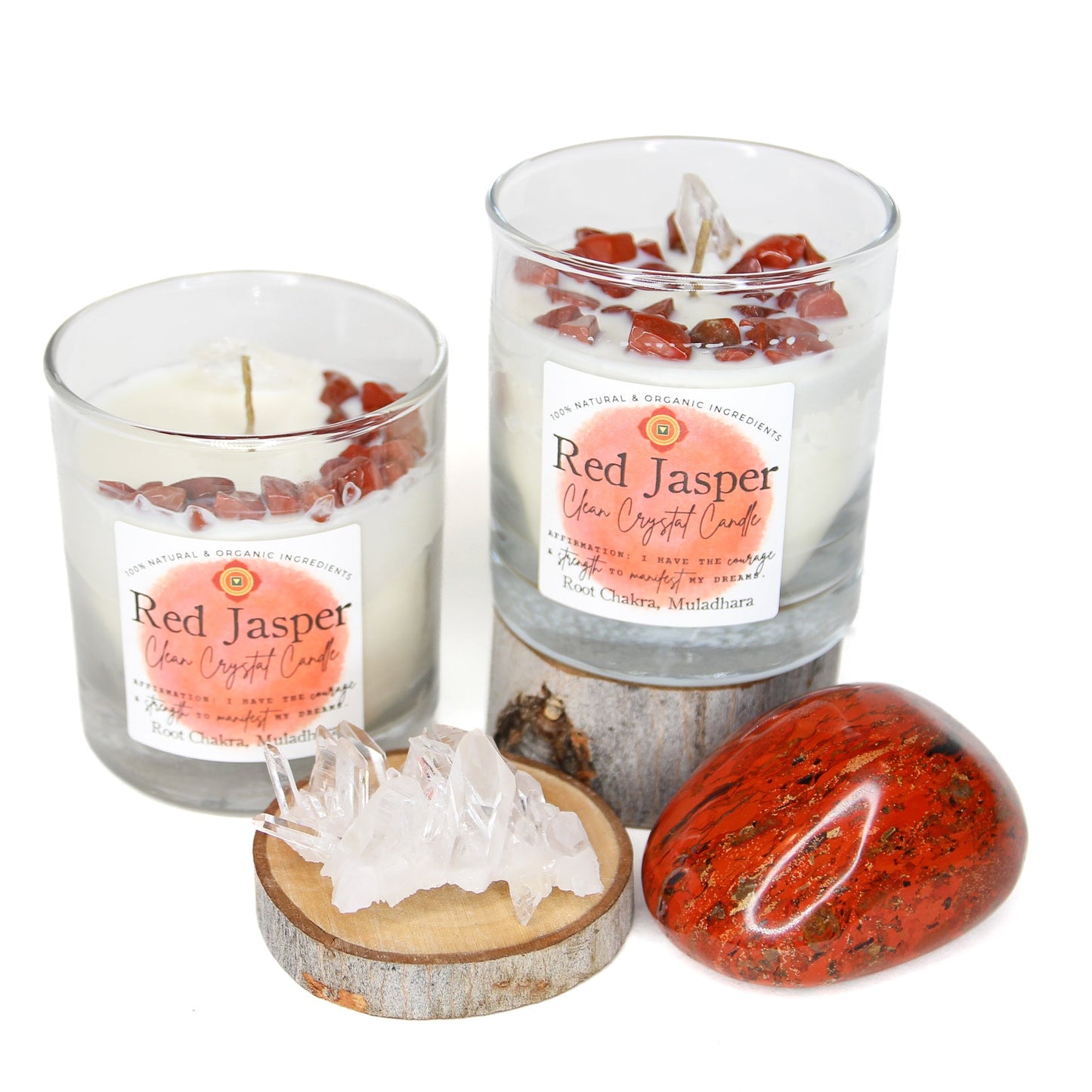 Red Jasper chakra candle in a reusable lead-free glass tumbler