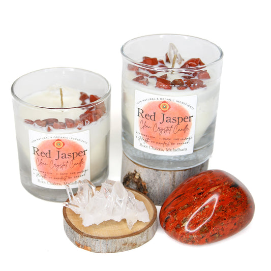 Red Jasper chakra candle in a reusable lead-free glass tumbler