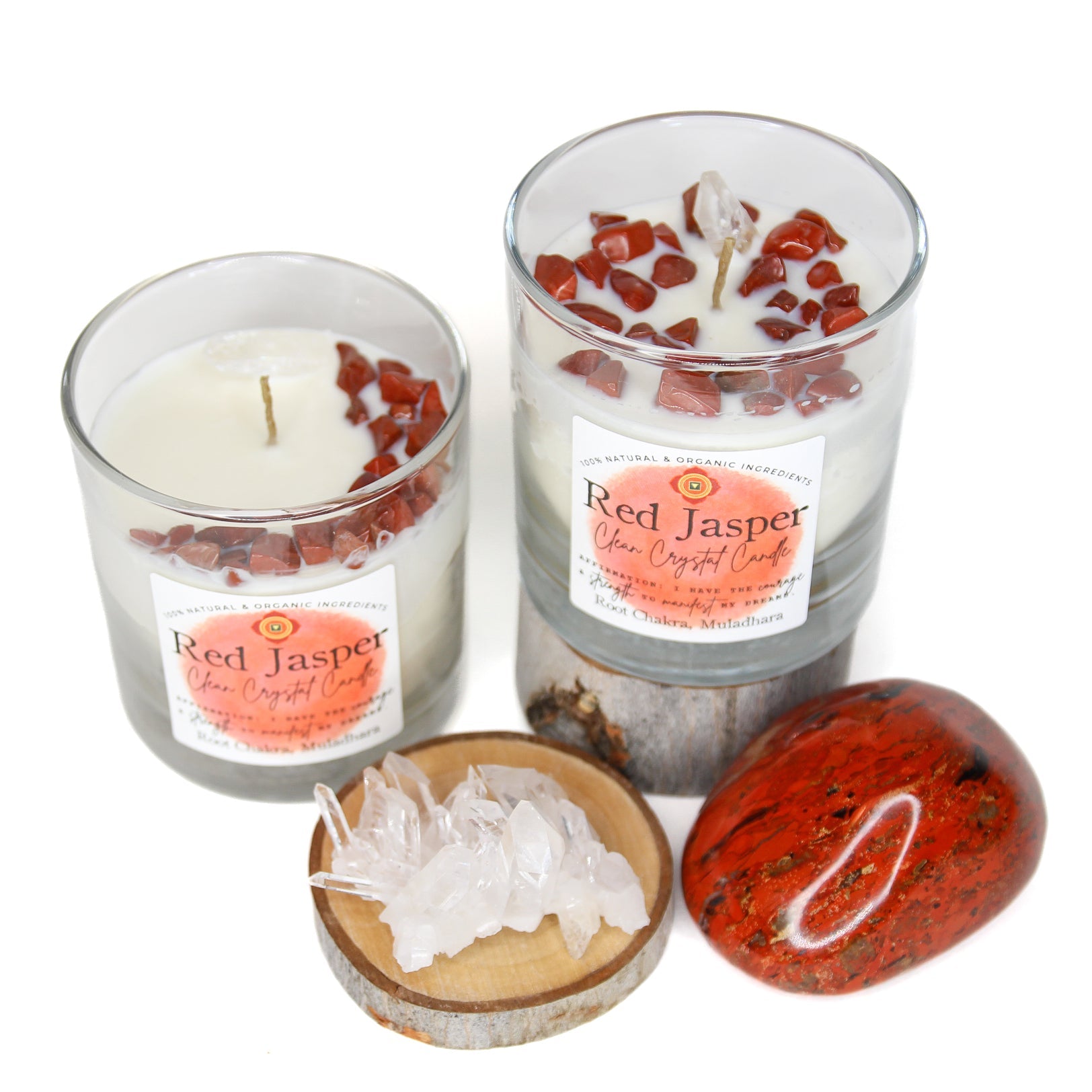 Close-up of the Red Jasper crystals and clear quartz point on the candle