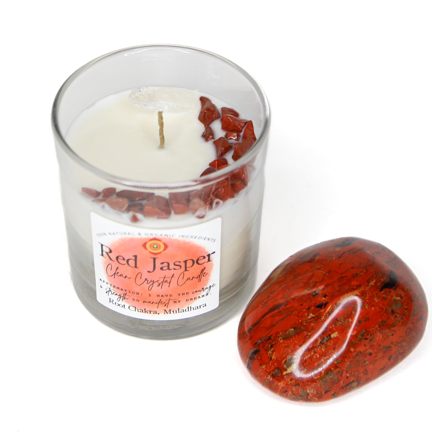 The Red Jasper chakra candle with its label and crystal detail