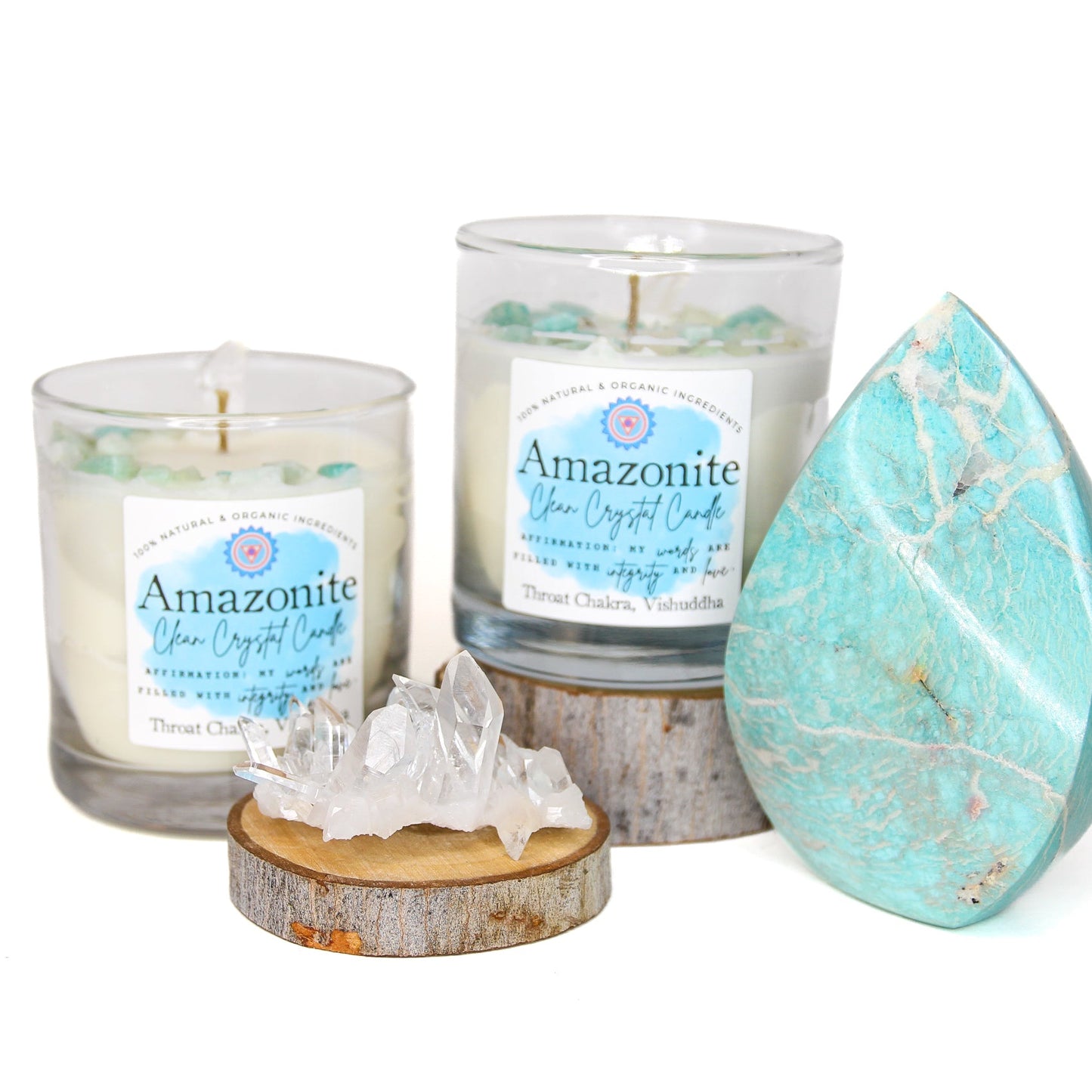 Close-up of the Amazonite crystals and clear quartz point on the candle