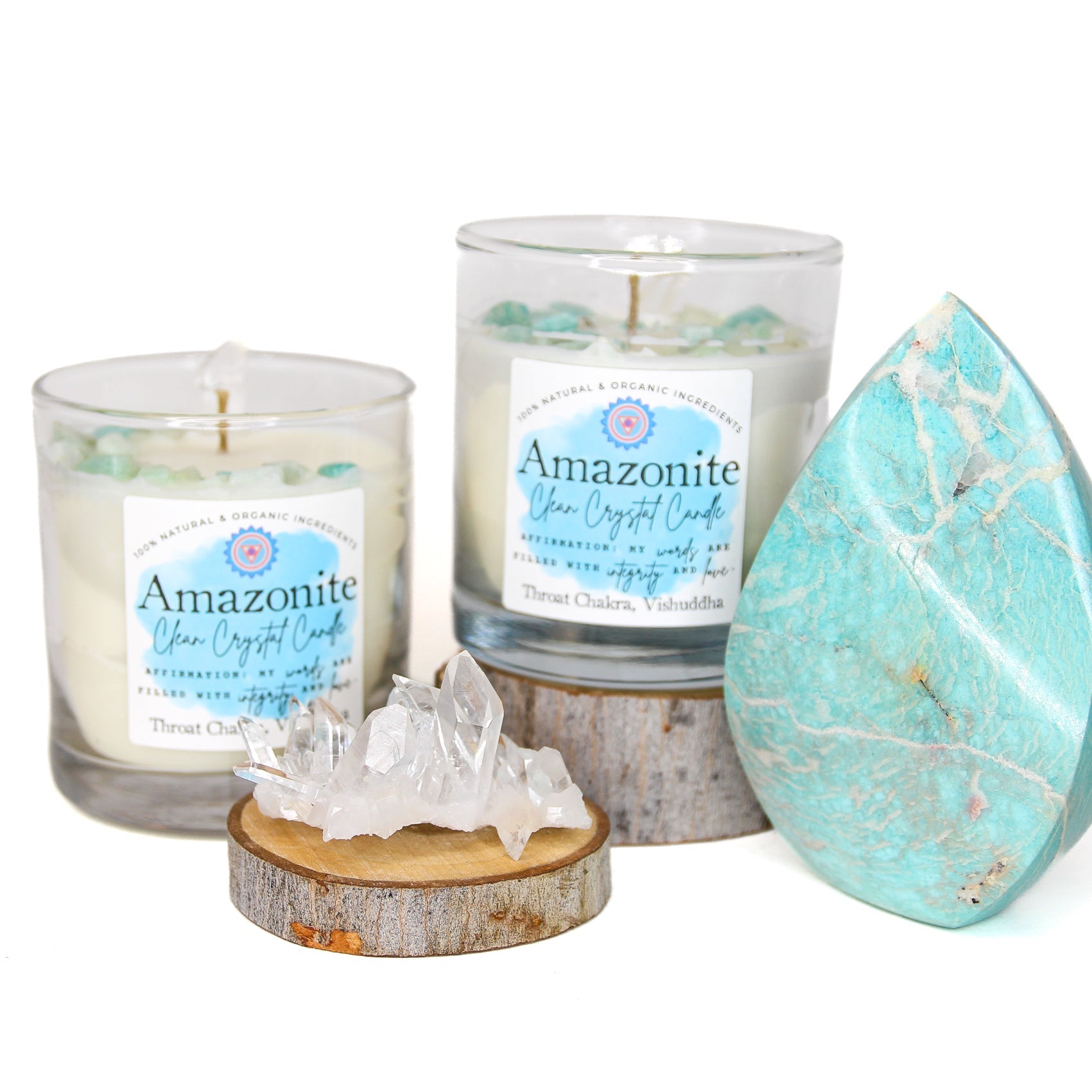 Close-up of the Amazonite crystals and clear quartz point on the candle