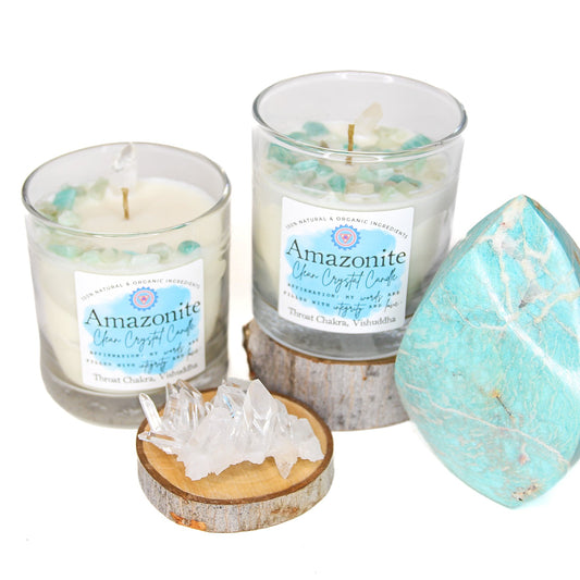 Amazonite chakra candle in a reusable lead-free glass tumbler