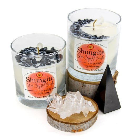 Shungite chakra candle in a reusable lead-free glass tumbler