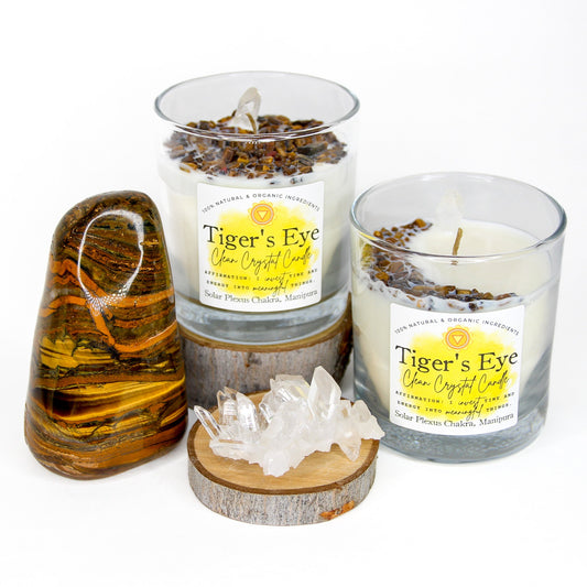 Tiger's Eye Clean Crystal Candle in a clear lead-free glass tumbler, topped with banded golden-brown tiger's eye and a clear quartz point