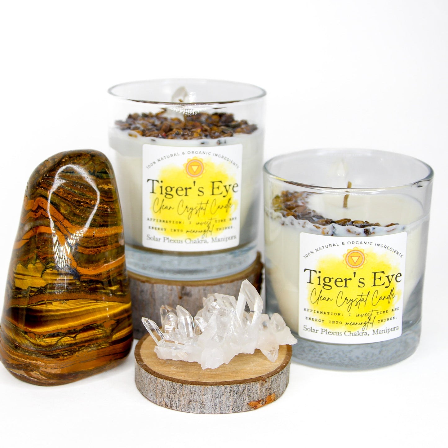 Tiger's Eye Clean Crystal Candle in a clear lead-free glass tumbler, topped with banded golden-brown tiger's eye and a clear quartz point — product photo 2