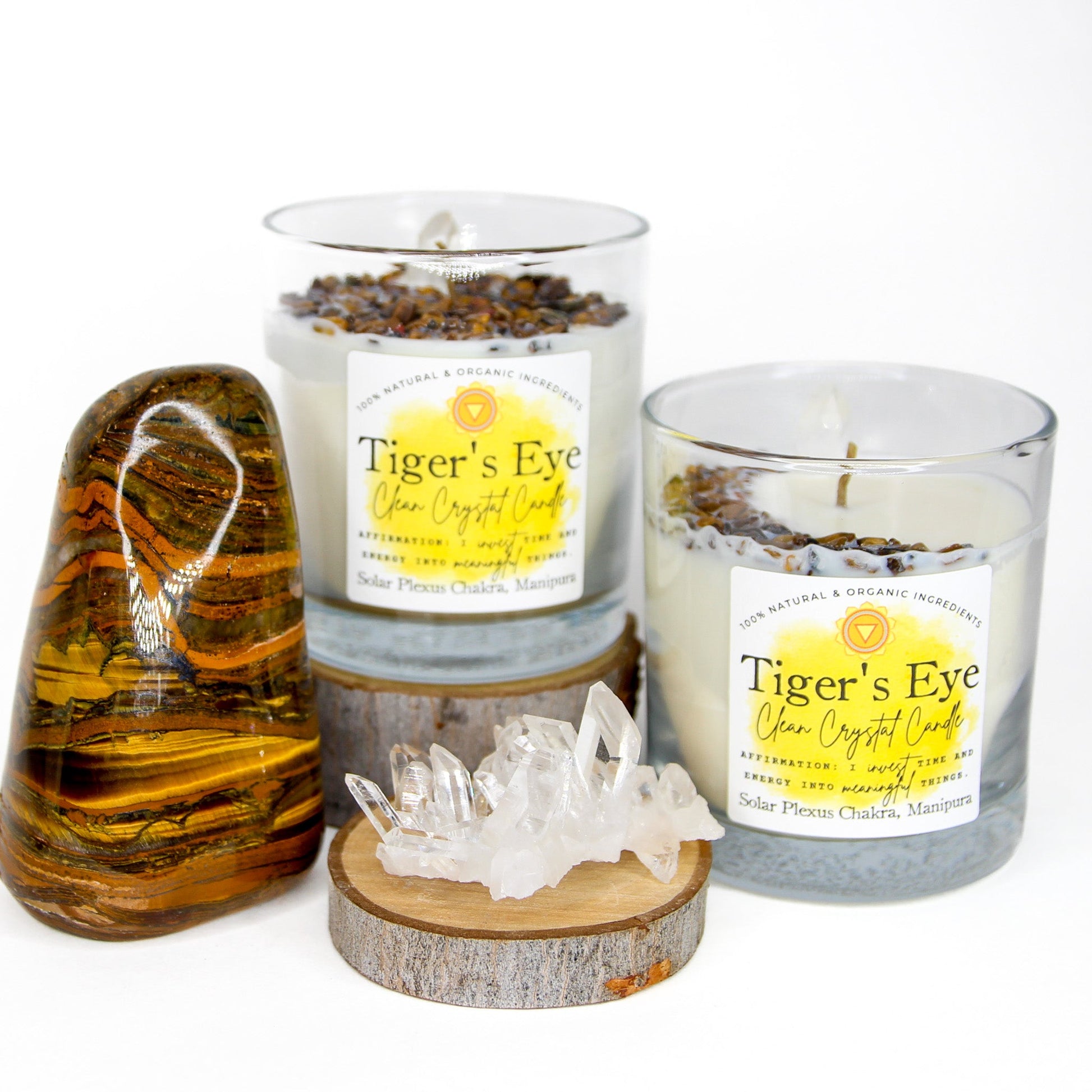 Tiger's Eye Clean Crystal Candle in a clear lead-free glass tumbler, topped with banded golden-brown tiger's eye and a clear quartz point — product photo 2