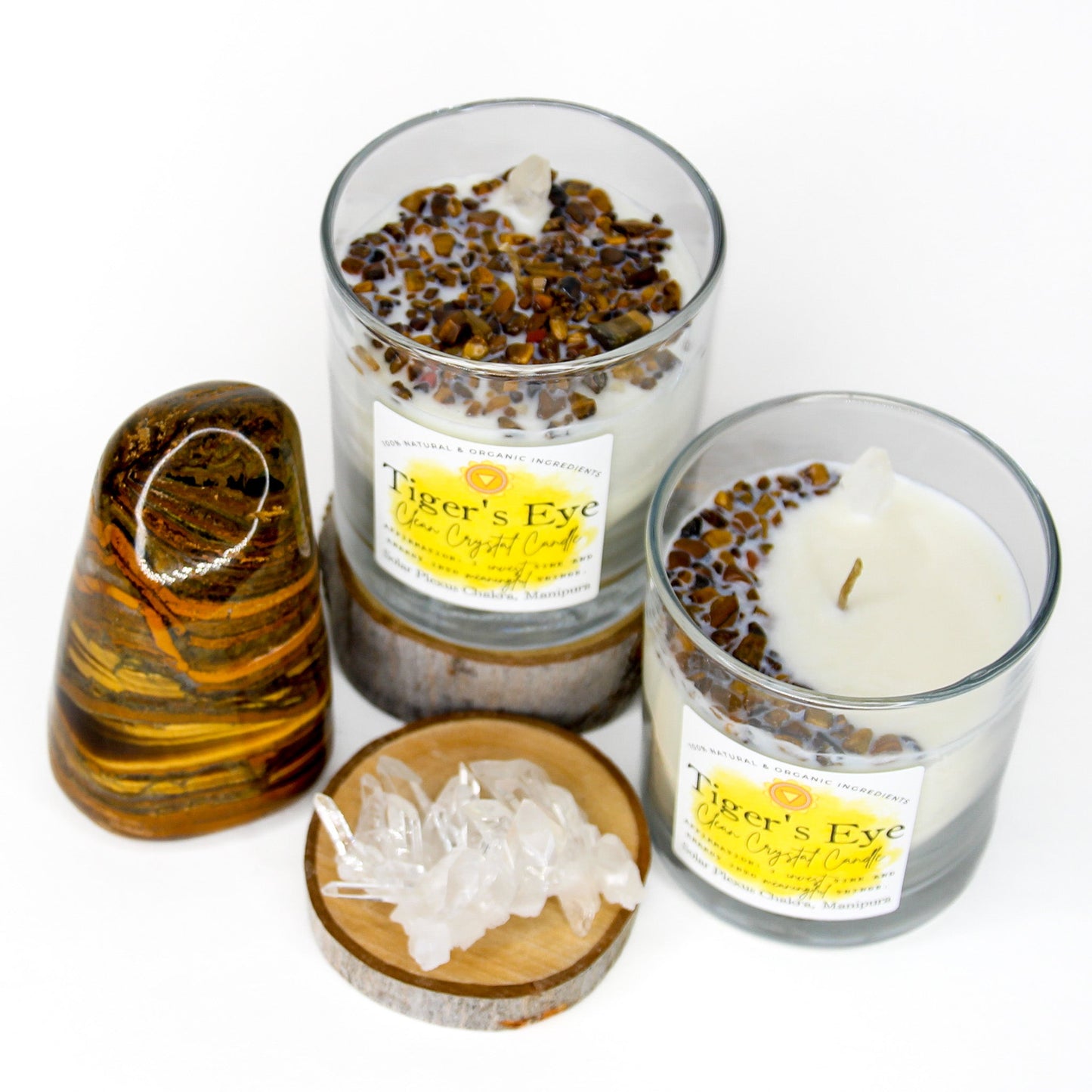 Tiger's Eye Clean Crystal Candle in a clear lead-free glass tumbler, topped with banded golden-brown tiger's eye and a clear quartz point — product photo 3