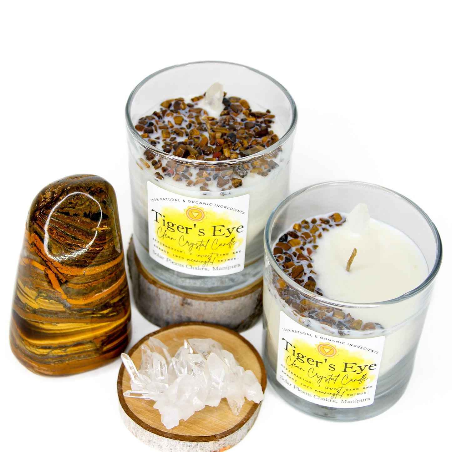 Tiger's Eye Clean Crystal Candle in a clear lead-free glass tumbler, topped with banded golden-brown tiger's eye and a clear quartz point — product photo 4