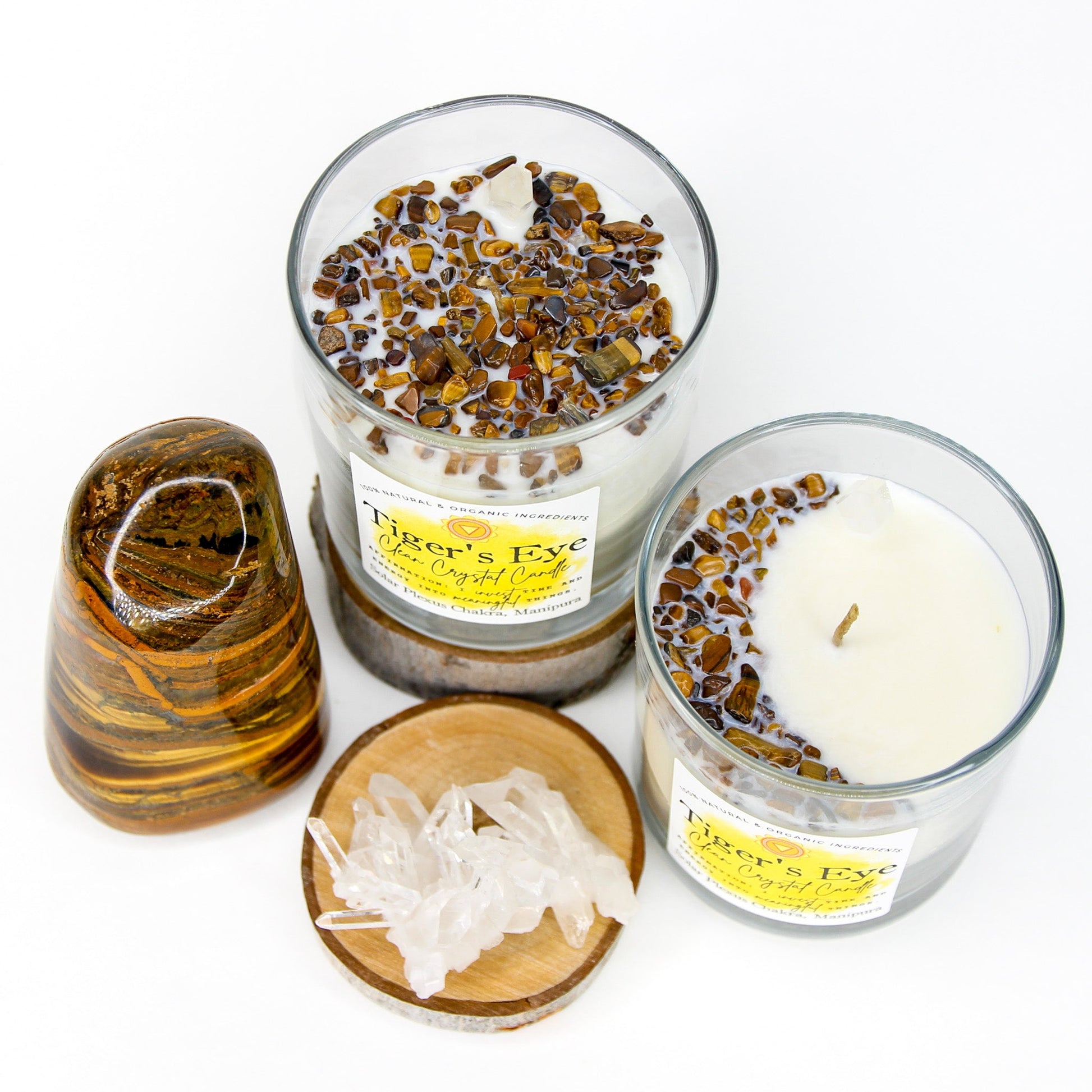 Tiger's Eye Clean Crystal Candle in a clear lead-free glass tumbler, topped with banded golden-brown tiger's eye and a clear quartz point — product photo 5
