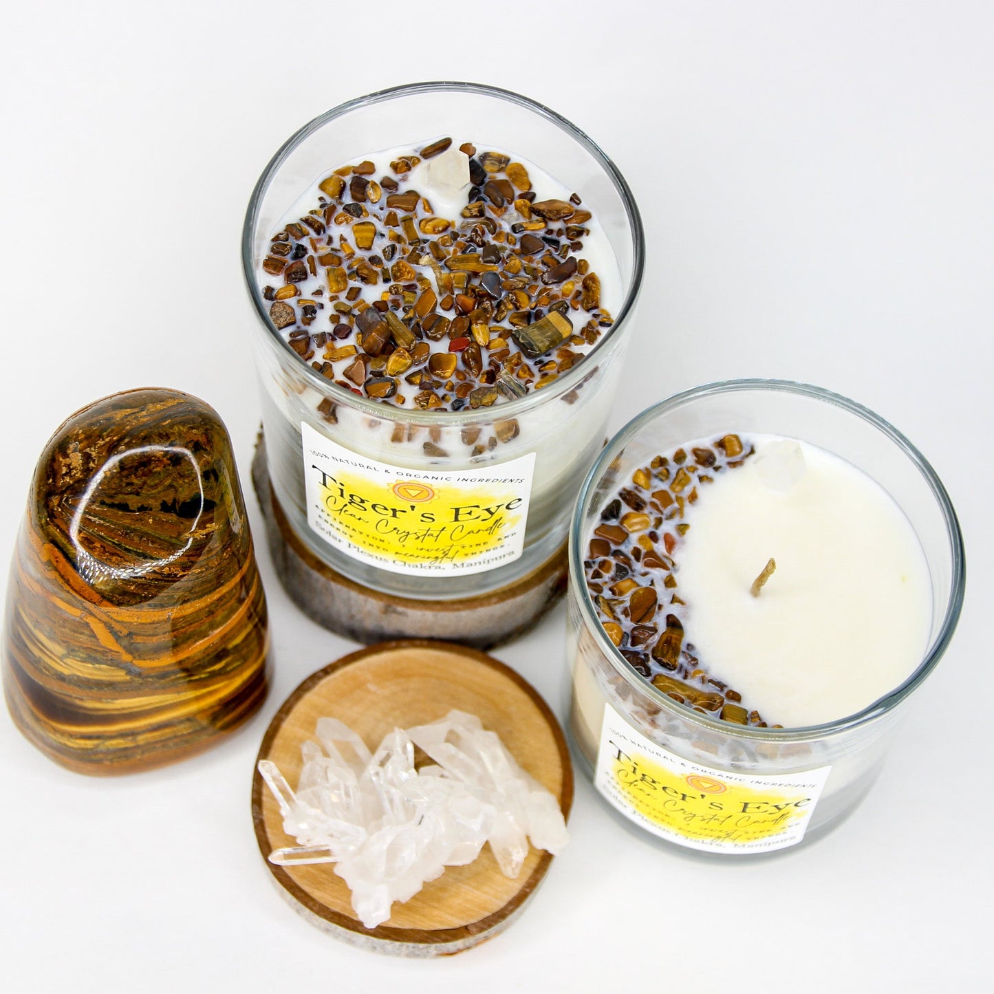 Tiger's Eye Clean Crystal Candle in a clear lead-free glass tumbler, topped with banded golden-brown tiger's eye and a clear quartz point — product photo 6