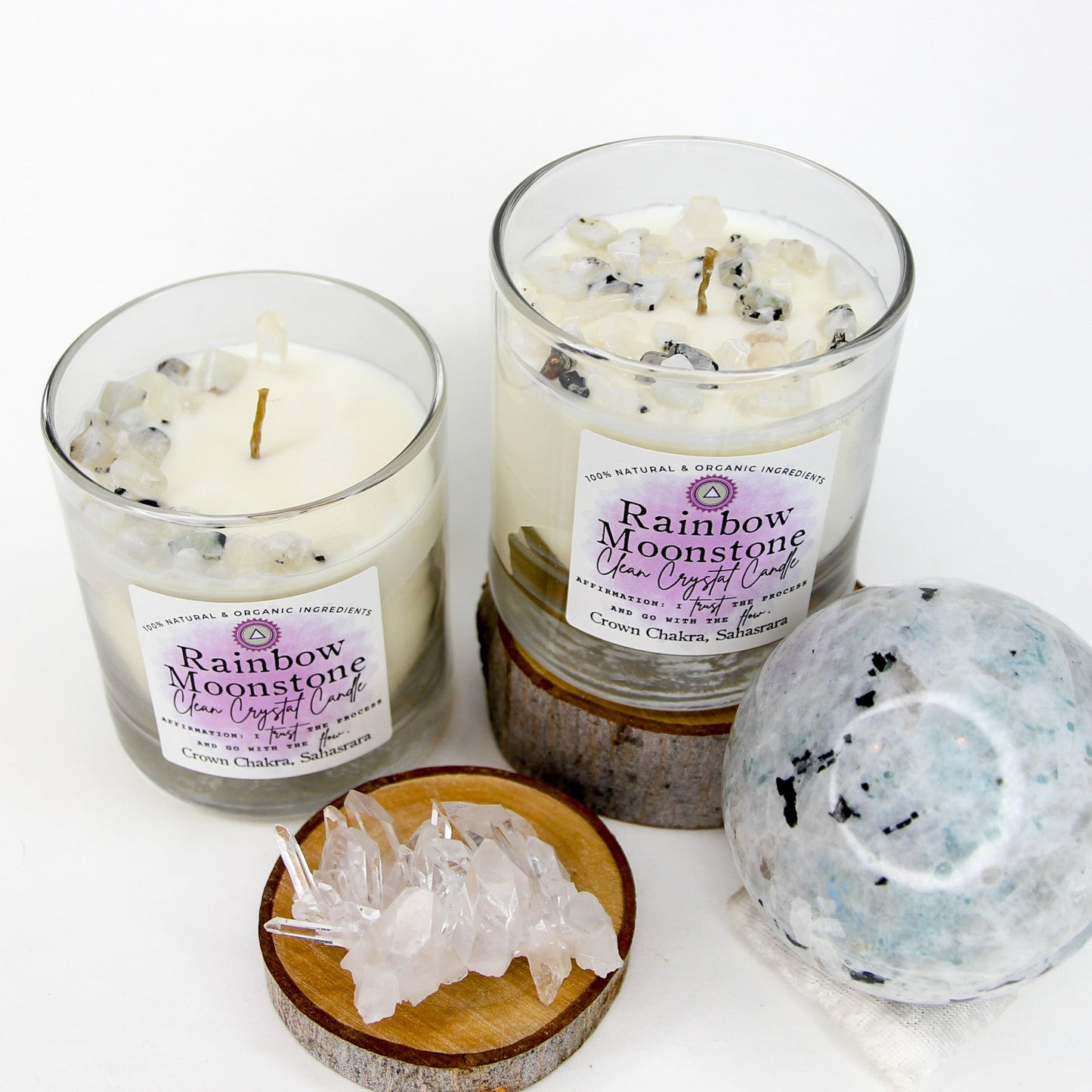 Rainbow Moonstone Clean Crystal Candle in a clear lead-free glass tumbler, topped with rainbow moonstone chips and a clear quartz point — product photo 6