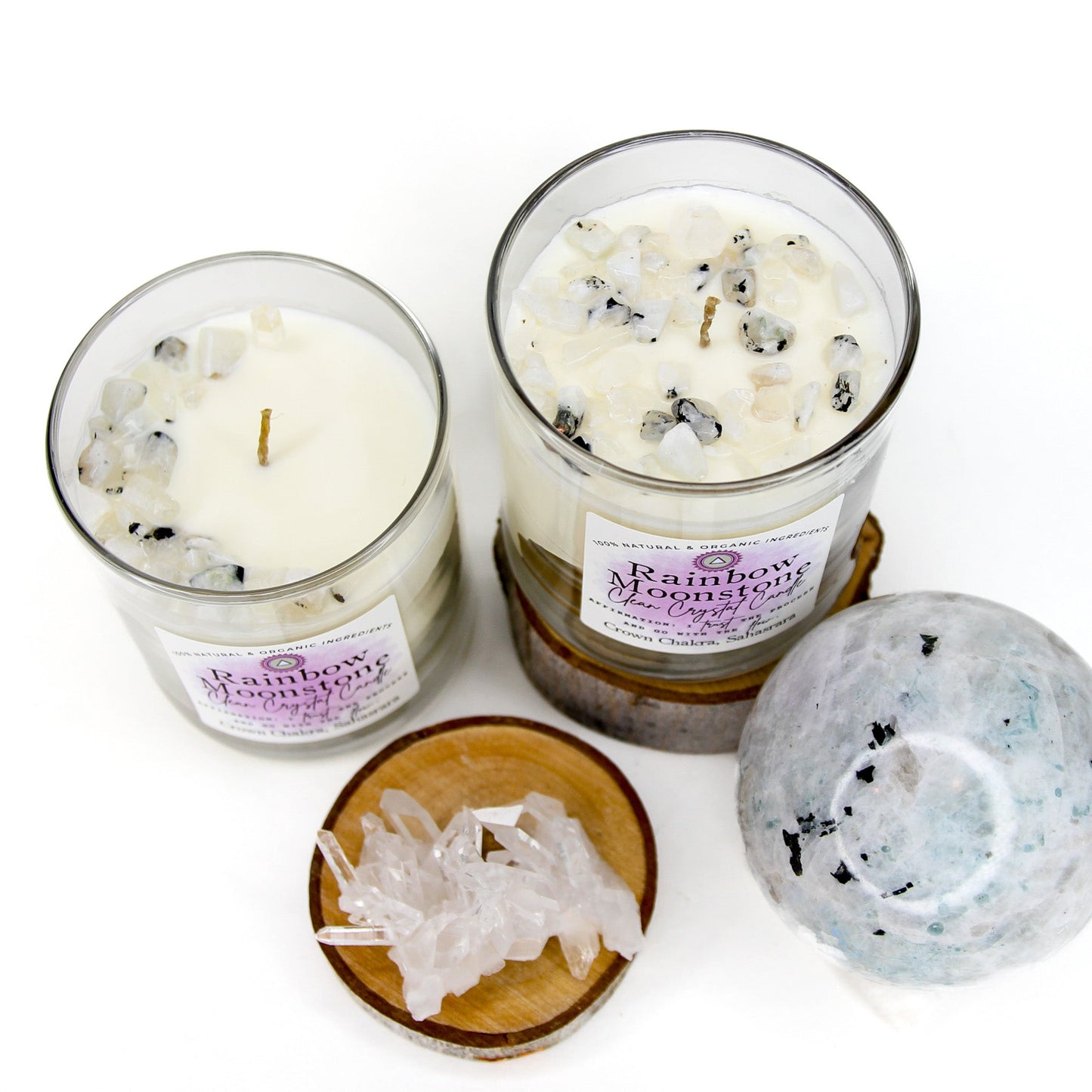 Rainbow Moonstone Clean Crystal Candle — Unscented Soy Candle for Intuition & Flow