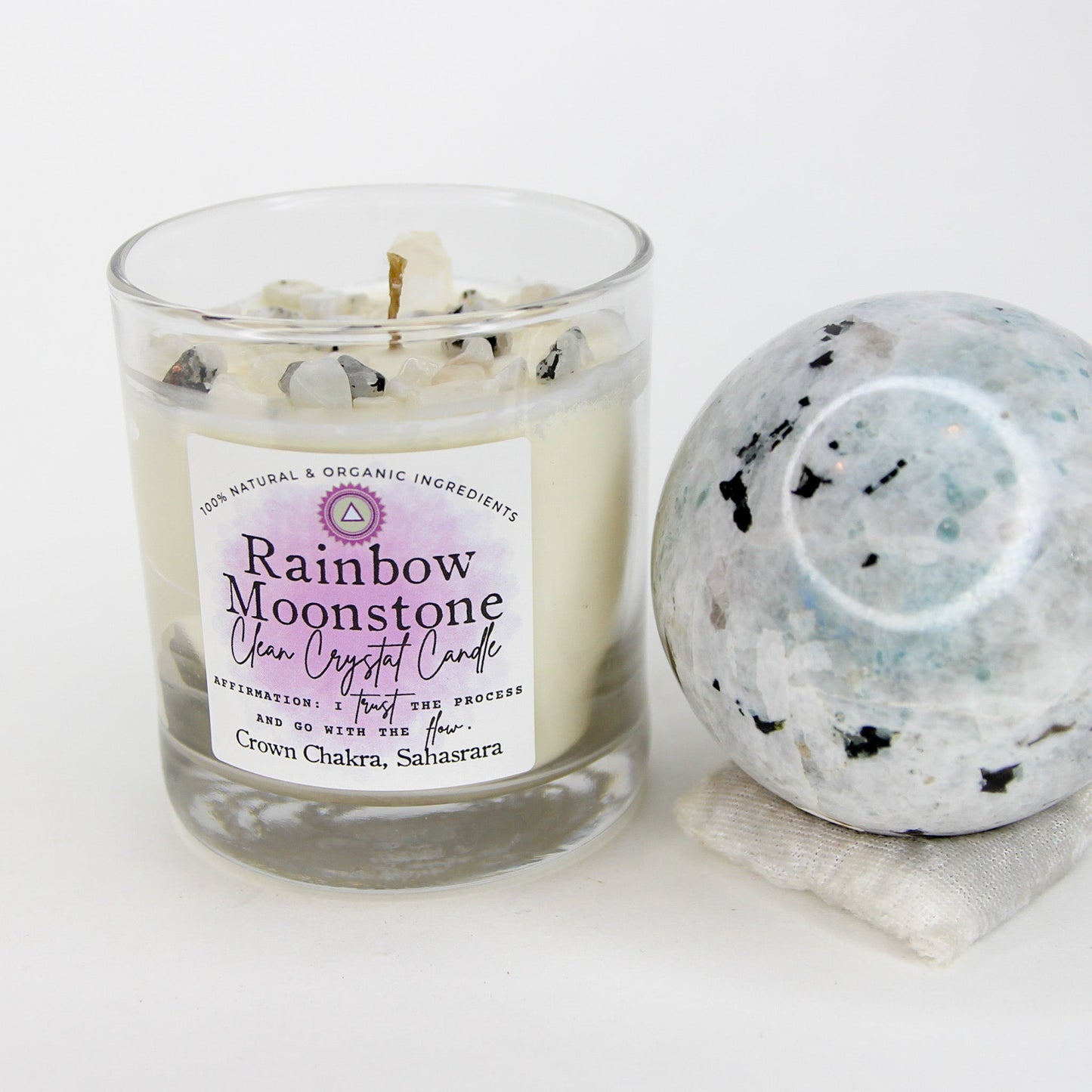 Rainbow Moonstone Clean Crystal Candle — Unscented Soy Candle for Intuition & Flow