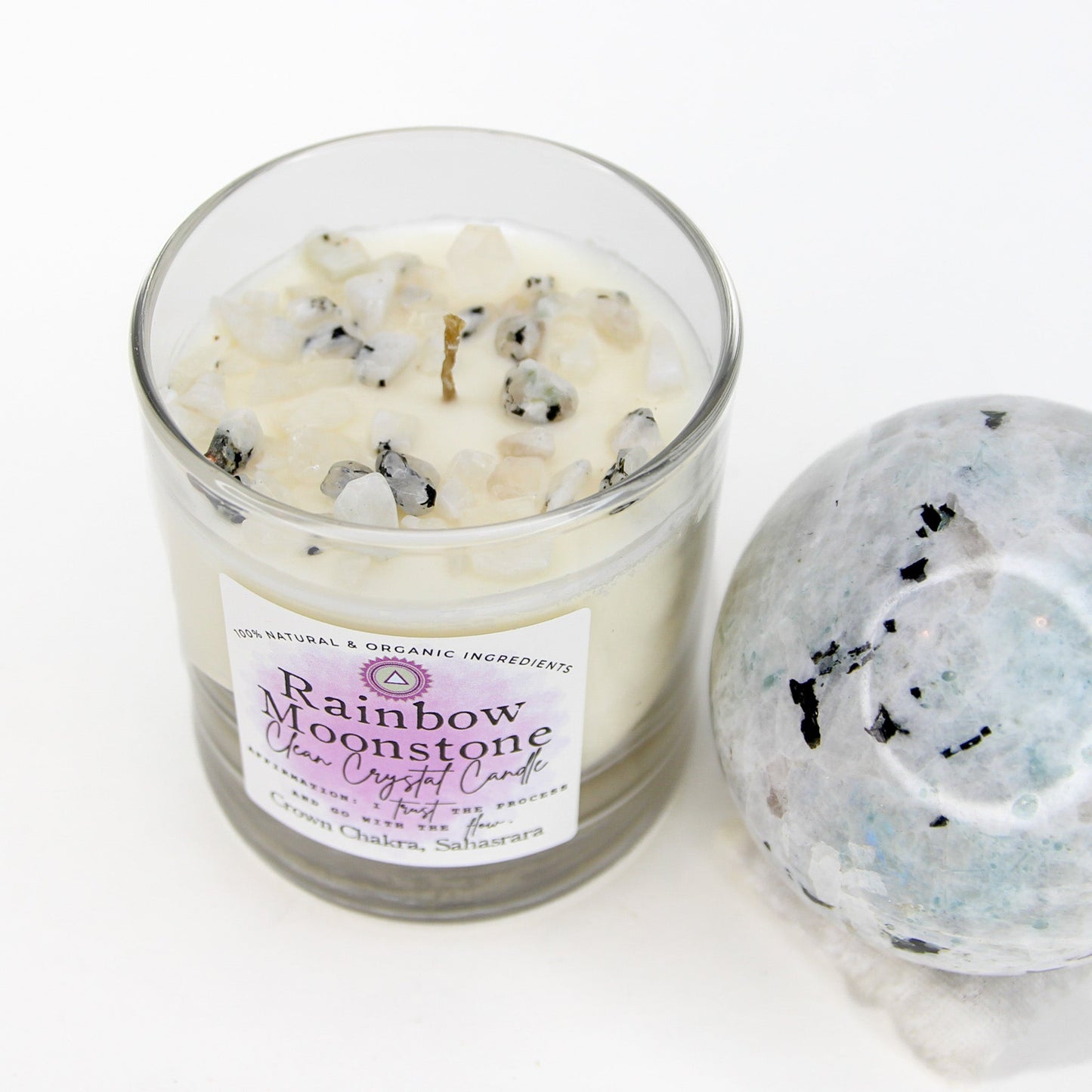 Rainbow Moonstone Clean Crystal Candle — Unscented Soy Candle for Intuition & Flow