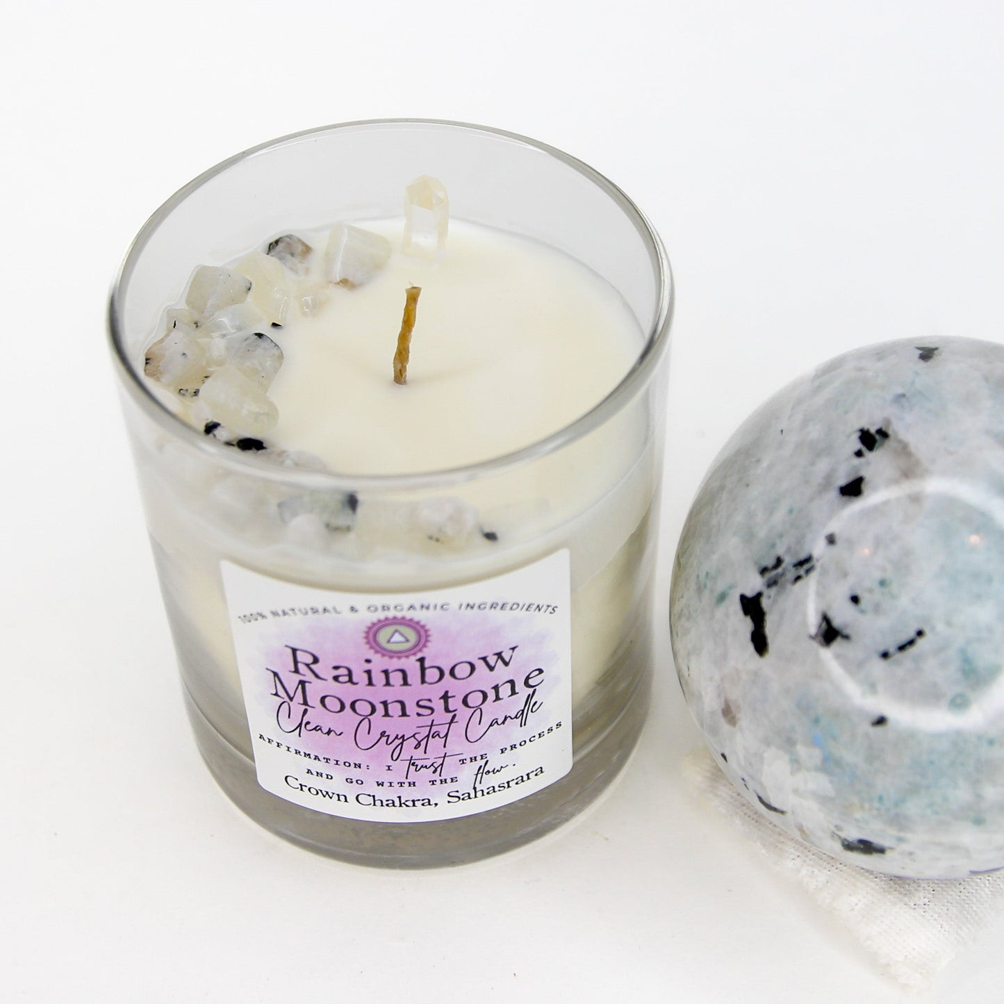 Rainbow Moonstone Clean Crystal Candle — Unscented Soy Candle for Intuition & Flow
