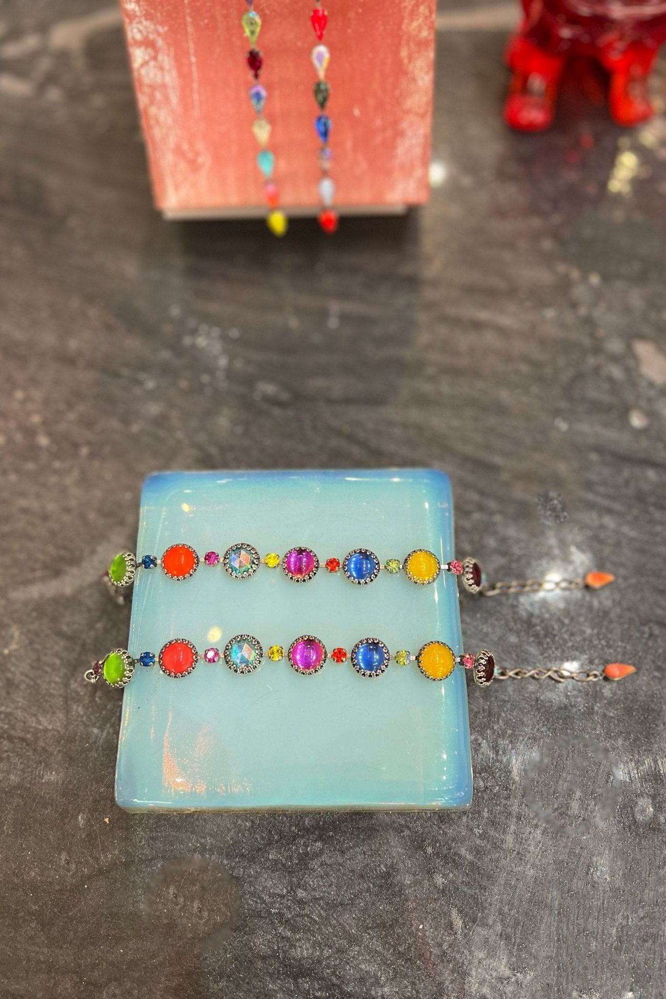 Paint Pot Layering Bracelet in silver — adjustable bracelet of bright multicolor round 1960s dead-stock glass stones — view 3
