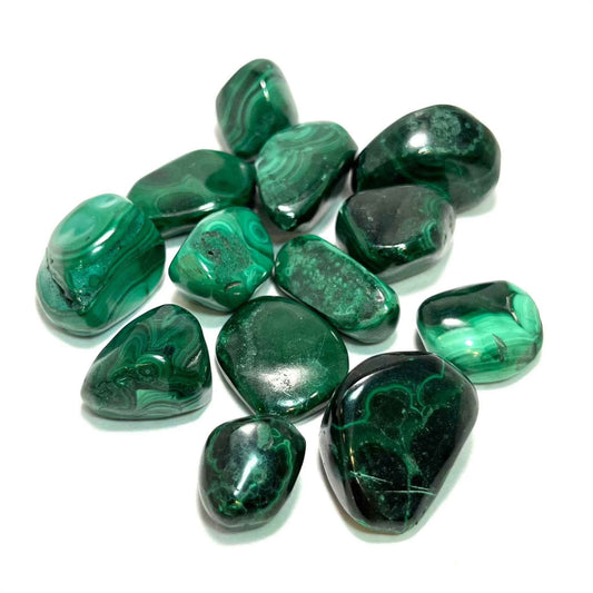 Tumbled Malachite stone with bold banded patterns in forest and emerald green