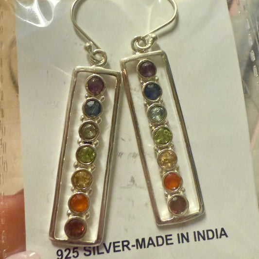 Pair of sterling silver bar dangle earrings, each set with seven small round chakra stones in rainbow order