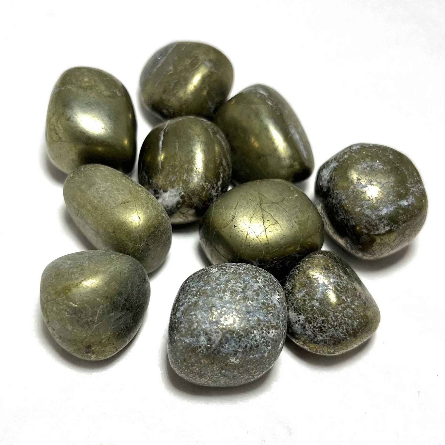 Tumbled Pyrite stone with a metallic golden surface catching the light
