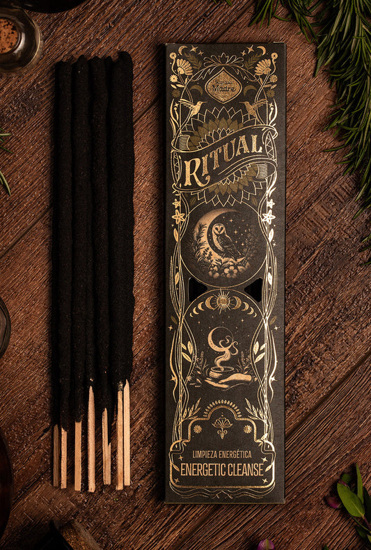 A box of Energetic Cleanse ritual incense sticks scented with frankincense and myrrh.