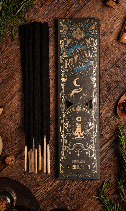 A box of Purification ritual incense sticks in the Mystical Gardens scent.