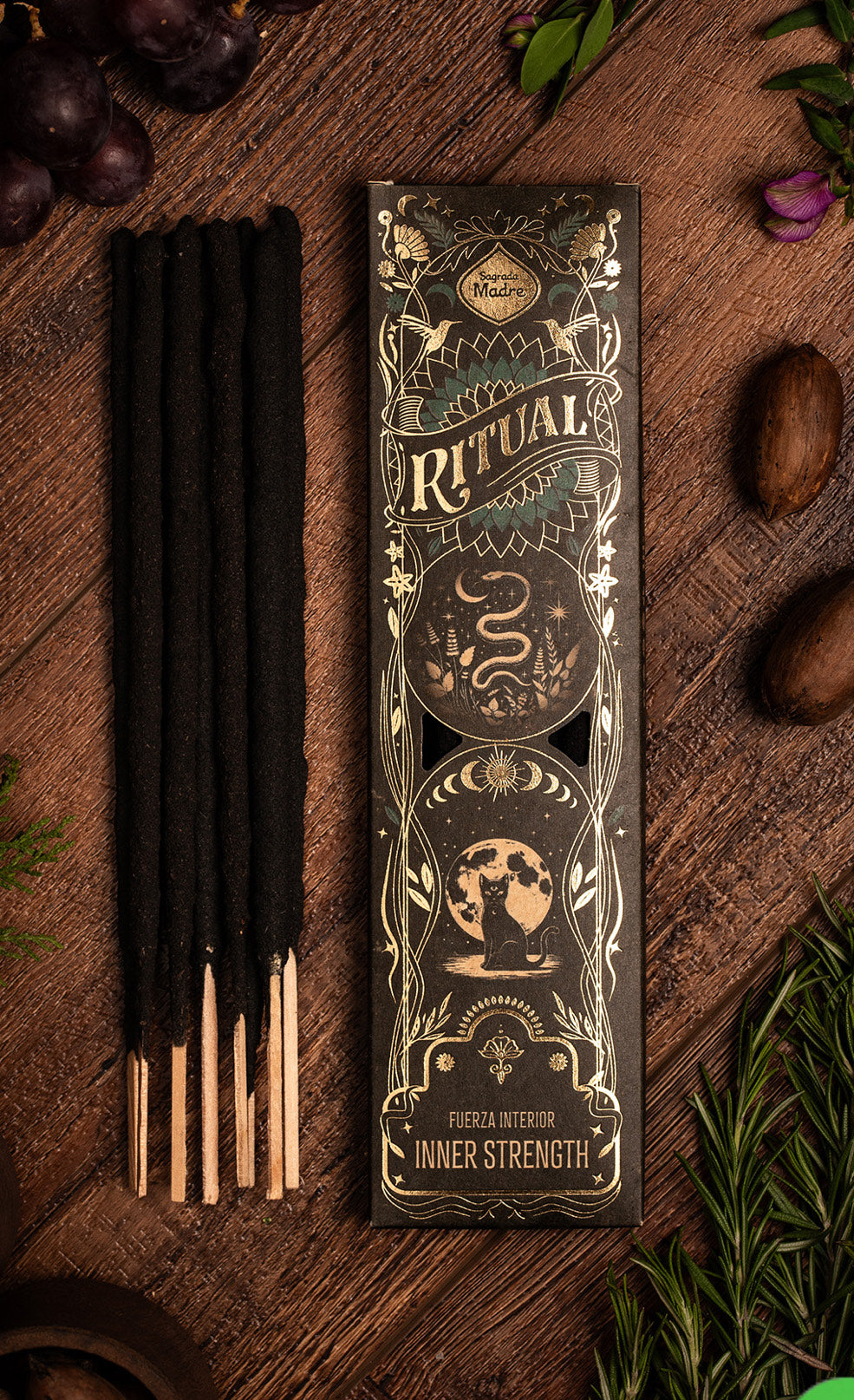 A box of Inner Strength ritual incense sticks in sandalwood and rose.