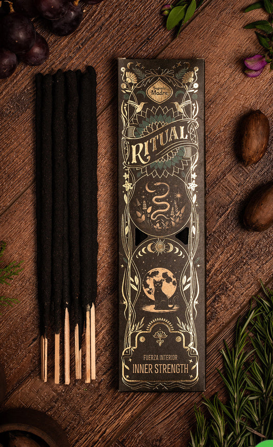 A box of Inner Strength ritual incense sticks in sandalwood and rose.