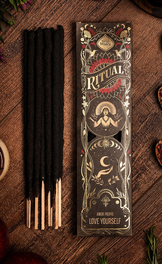 A box of Self Love ritual incense sticks scented with spices and flowers.