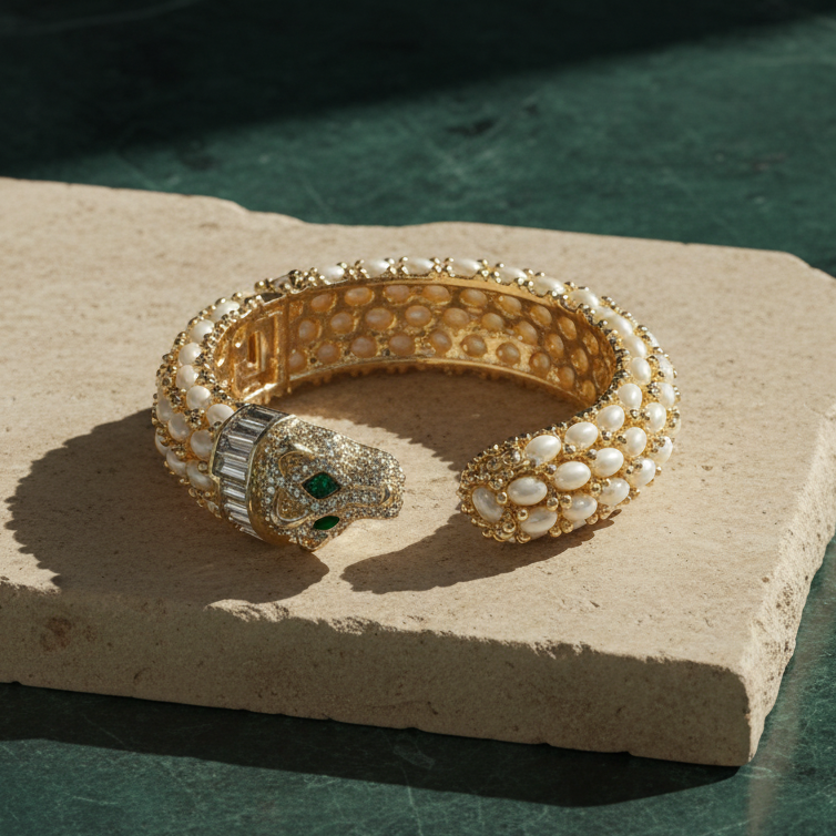 Pearl panther cuff on a pale stone slab, rows of oval faux pearls with gold beading and a pavé-set head with green marquise eyes.