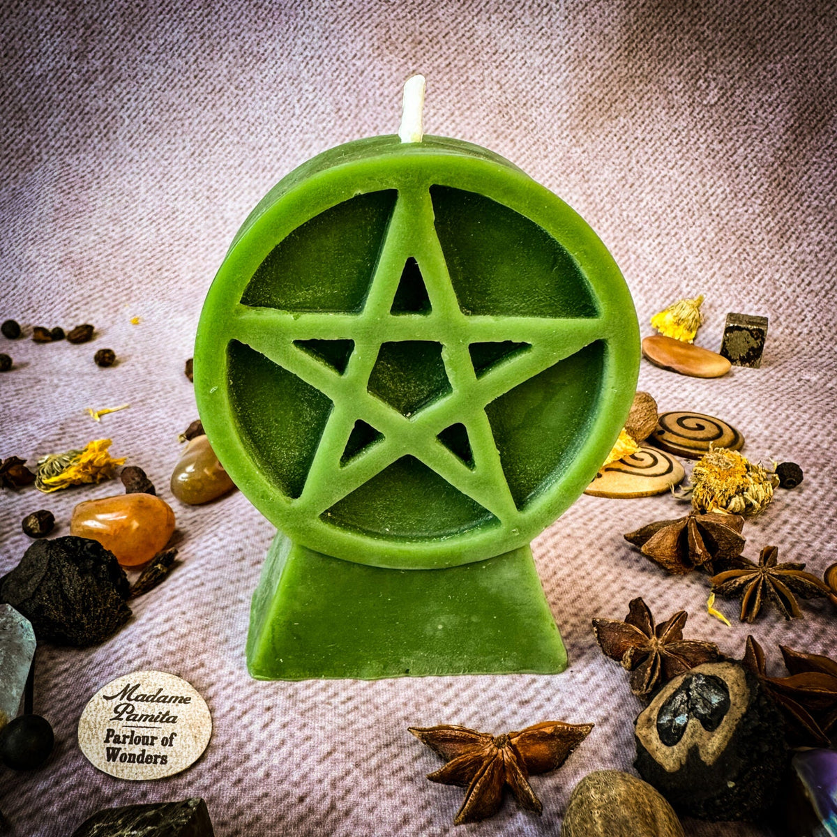 Pentacle of Protection beeswax candle in green with herbs and botanicals