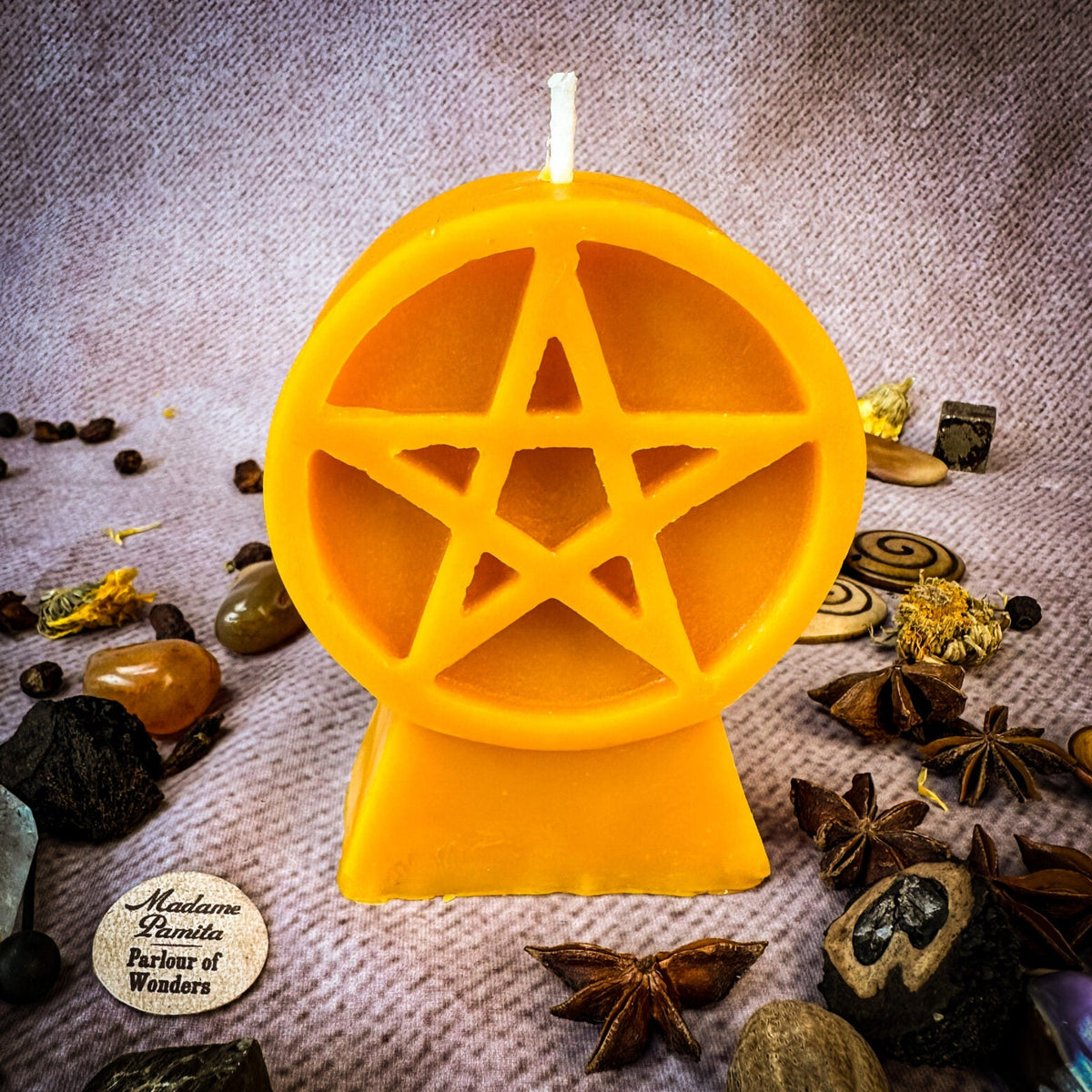 Pentacle of Protection beeswax candle in yellow with herbs and botanicals