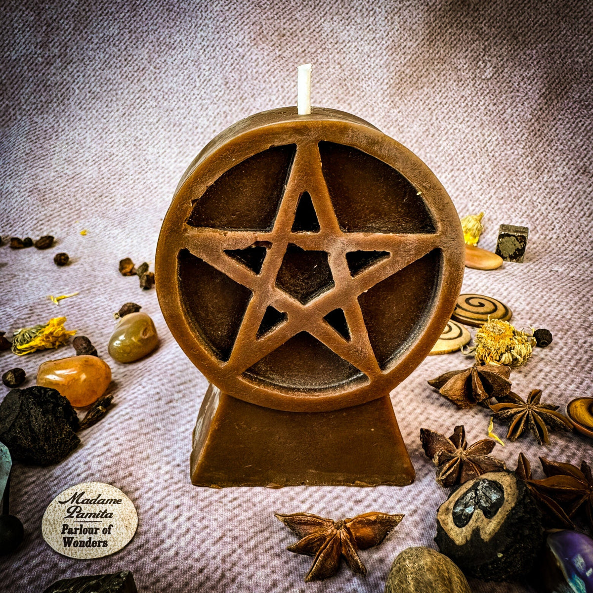 Pentacle of Protection beeswax candle in brown with herbs and botanicals