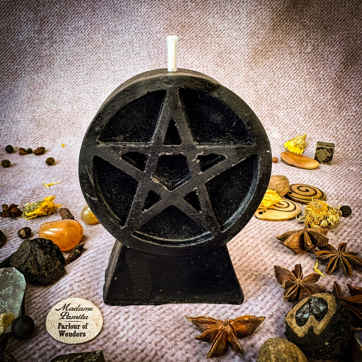 Pentacle of Protection beeswax candle in black with herbs and botanicals