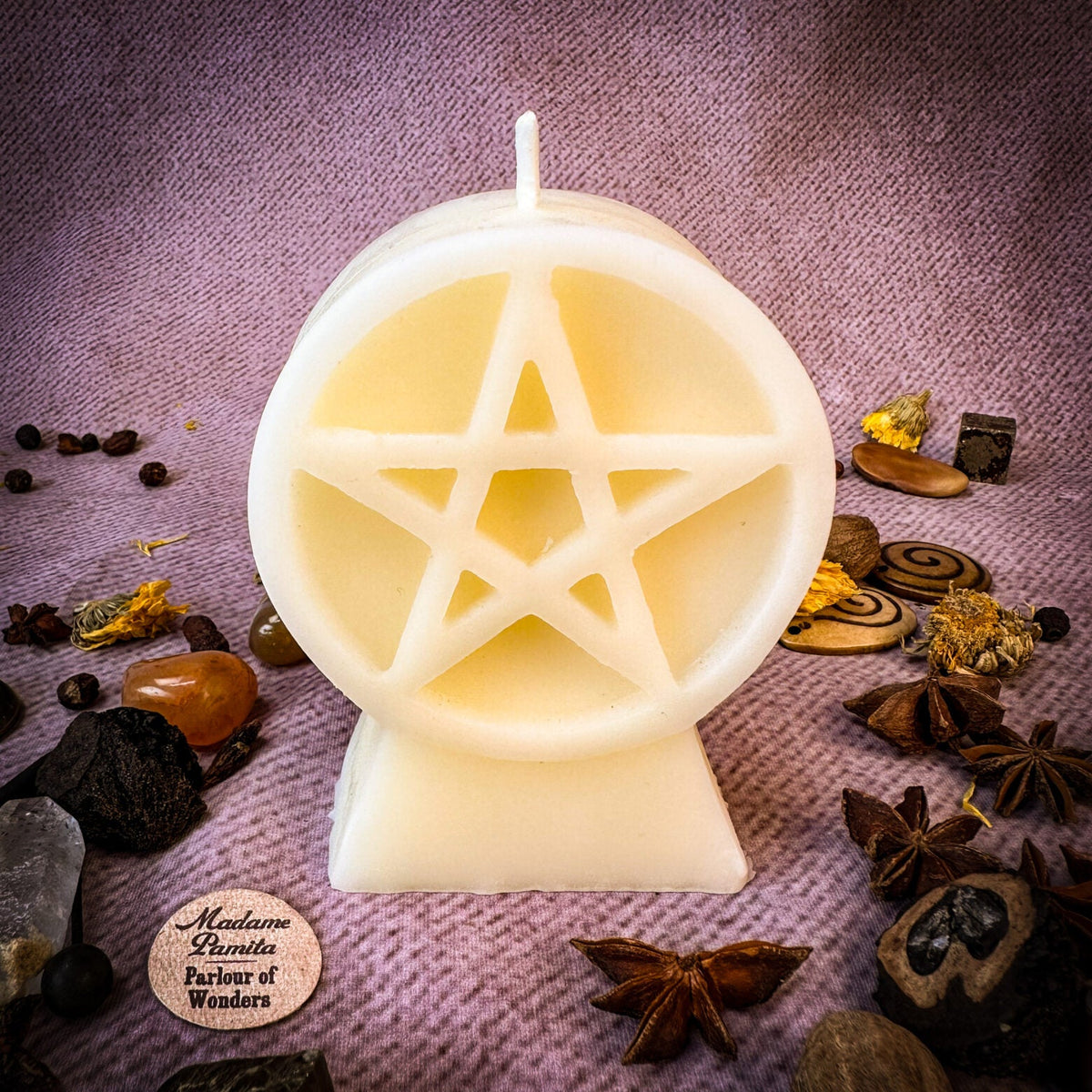 Pentacle of Protection beeswax candle in ivory white with herbs and botanicals