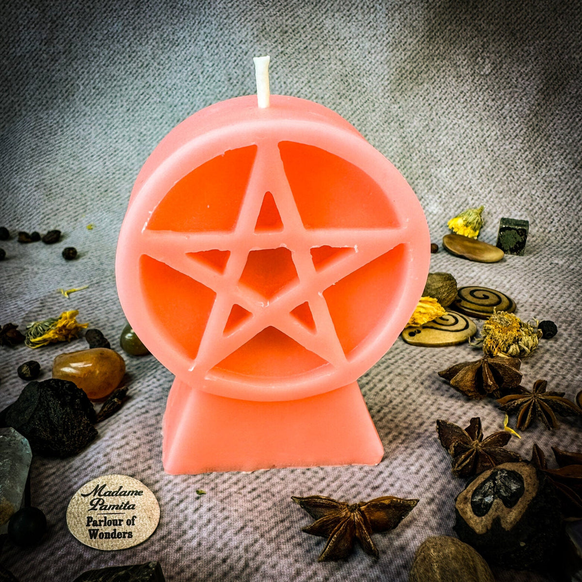 Pentacle of Protection beeswax candle in pale pink with herbs and botanicals