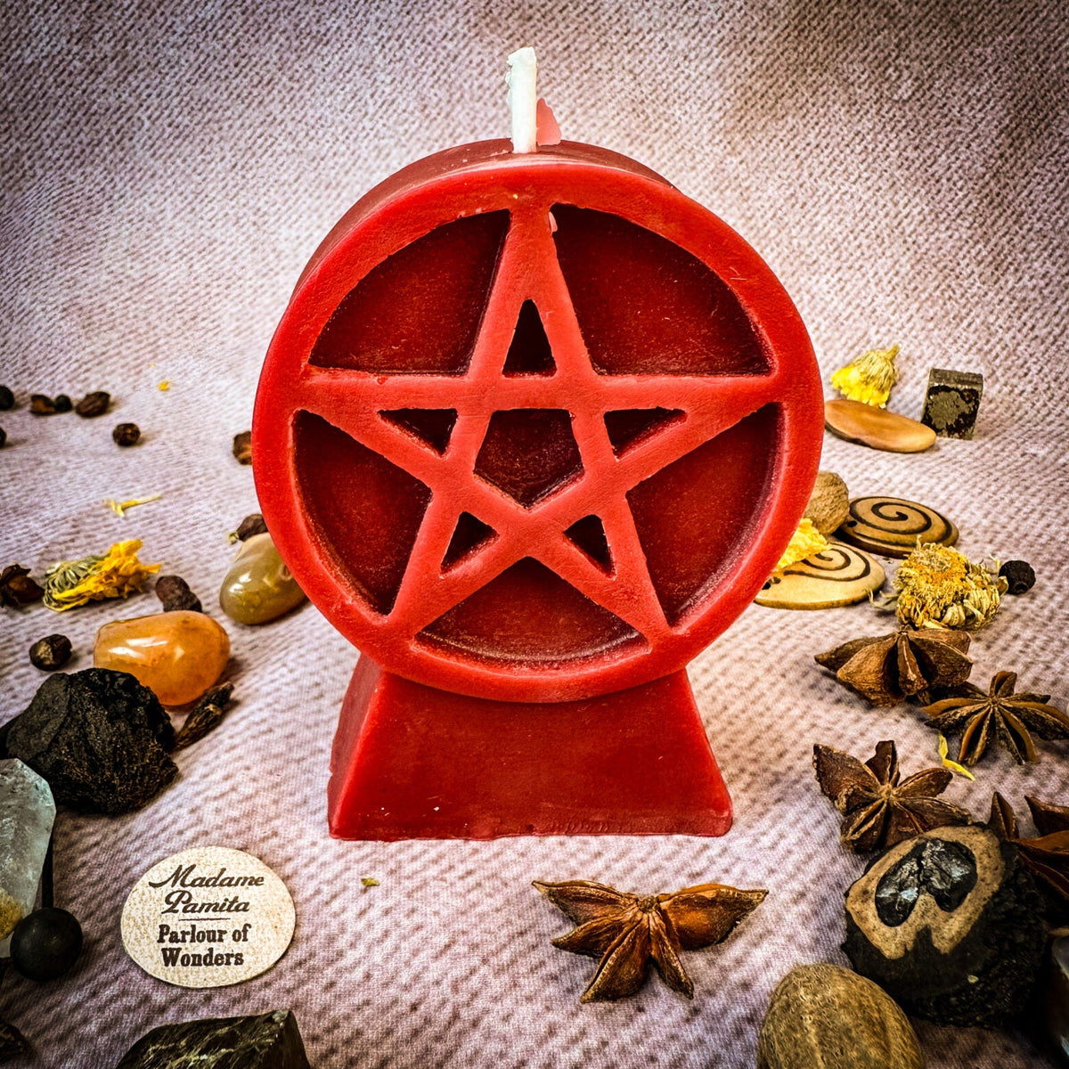 Pentacle of Protection beeswax candle in red with herbs and botanicals