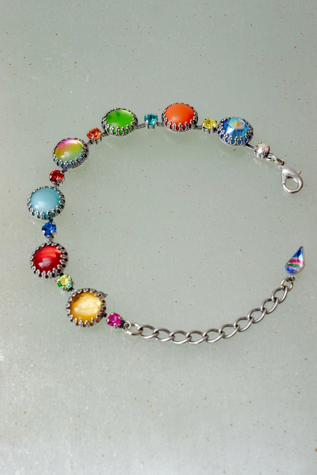 Paint Pot Layering Bracelet in silver — adjustable bracelet of bright multicolor round 1960s dead-stock glass stones
