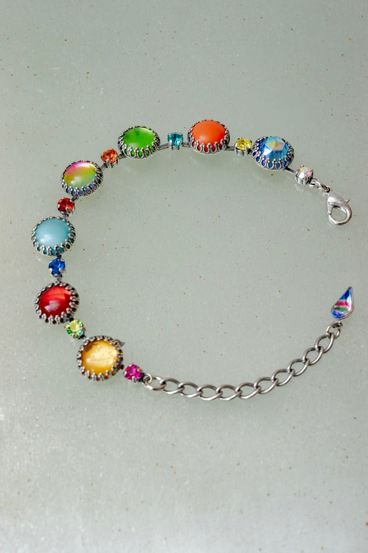 Paint Pot Layering Bracelet in silver — adjustable bracelet of bright multicolor round 1960s dead-stock glass stones