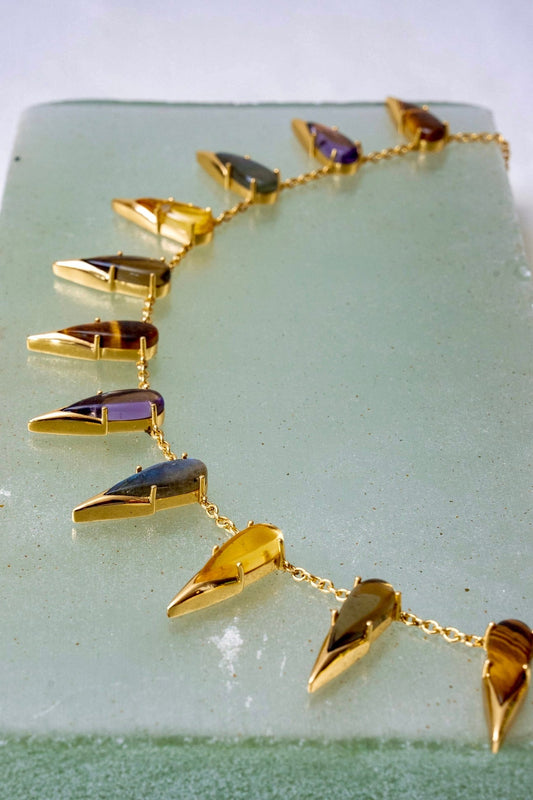 Saber Tooth Necklace in Angora (gold) — domed tiger eye, smoky quartz and labradorite stones capped with sharp gold tips on thin silver cable chain