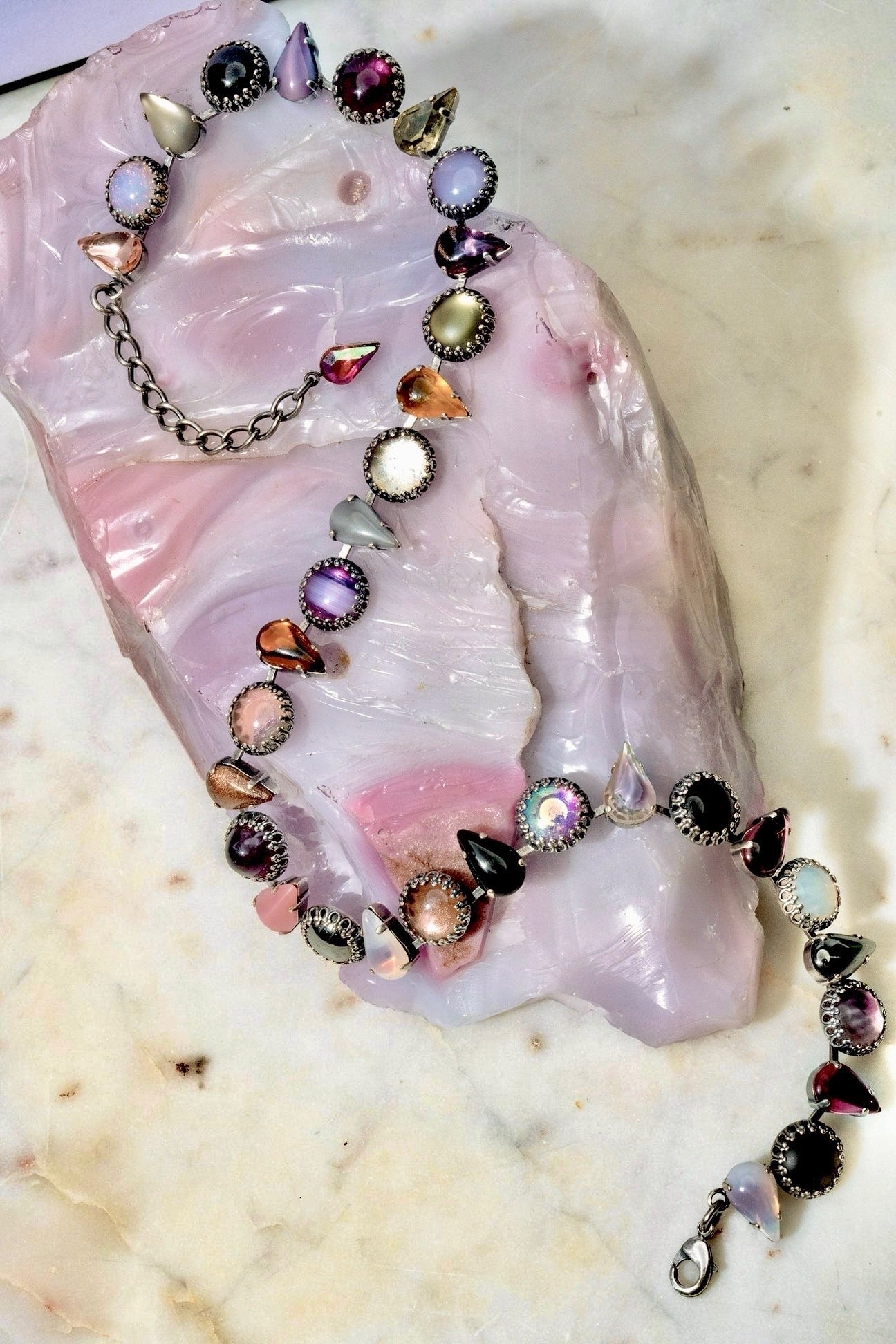 Punk Rocks vintage glass layering choker in oxidized silver, front view