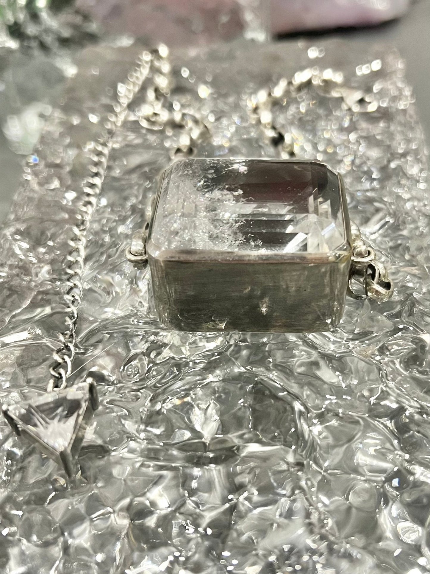 Square Goliath Choker in Striated Crystal — a large squared natural quartz stone on a heavy oxidized silver cable chain — view 3