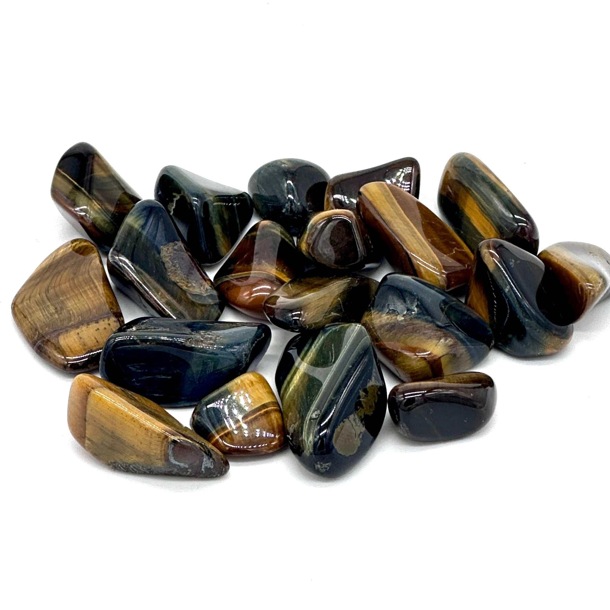 Polished blue tiger eye hawk's eye tumbled pocket stone with blue-grey chatoyant bands